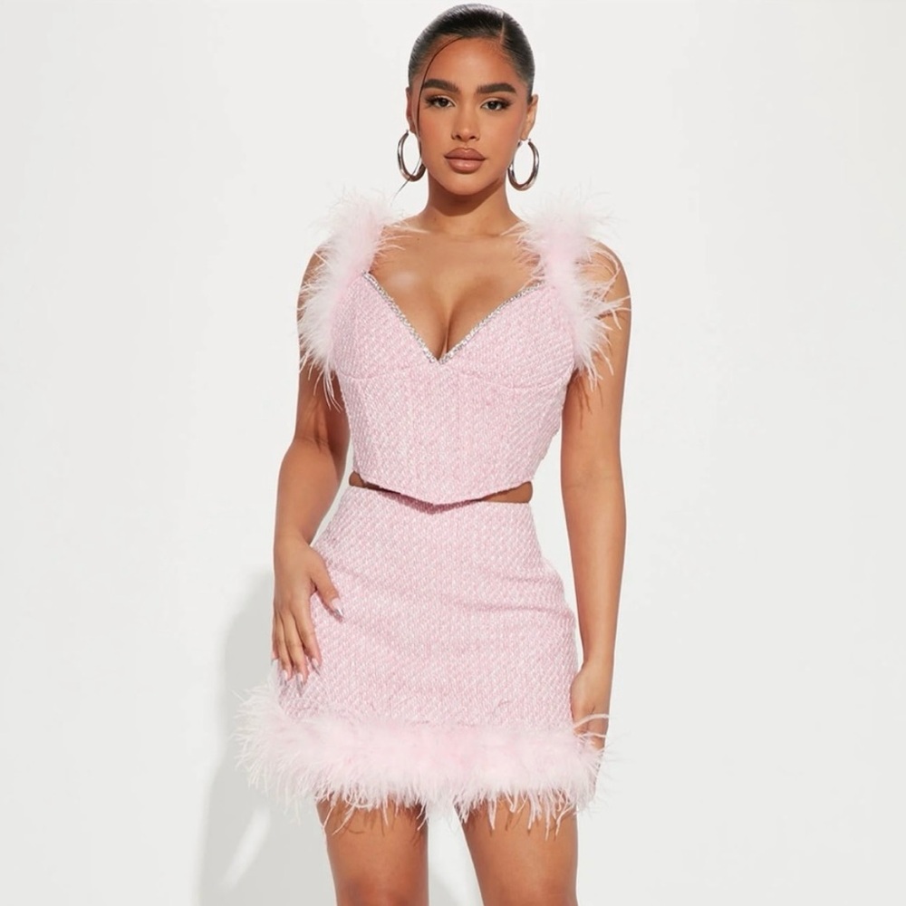 Fashion Nova Tweed Feather Pink Skirt Set With Rhinestones Size Small